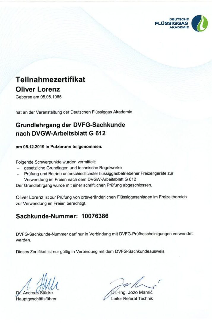 Oliver Lorenz Prüfer Flüssiggasanlage G 612 Freitzeitgeräte